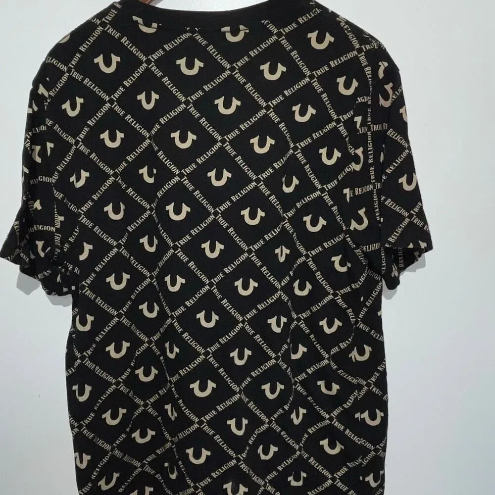 True Religion Mens Black Cream Monogram Crew Neck Cotton Short Sleeve T-Shirt XL